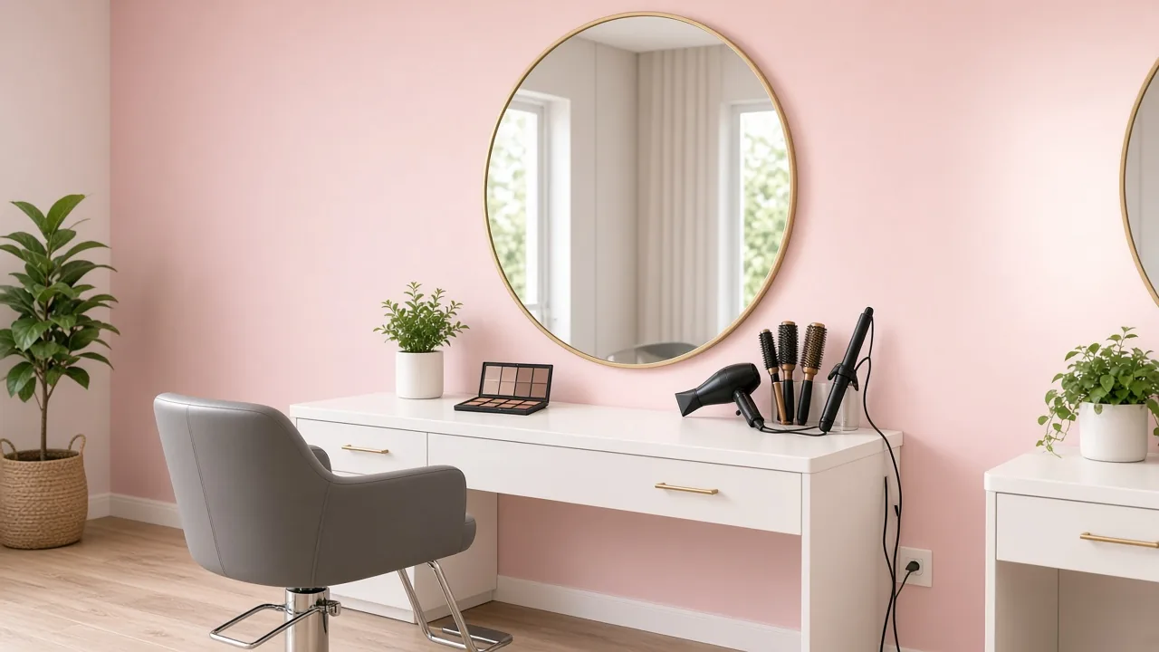 A grey salon styling chair facing a round gold mirror with a blow dryer, round brushes and a makeup palette on a white counter against blush pink walls